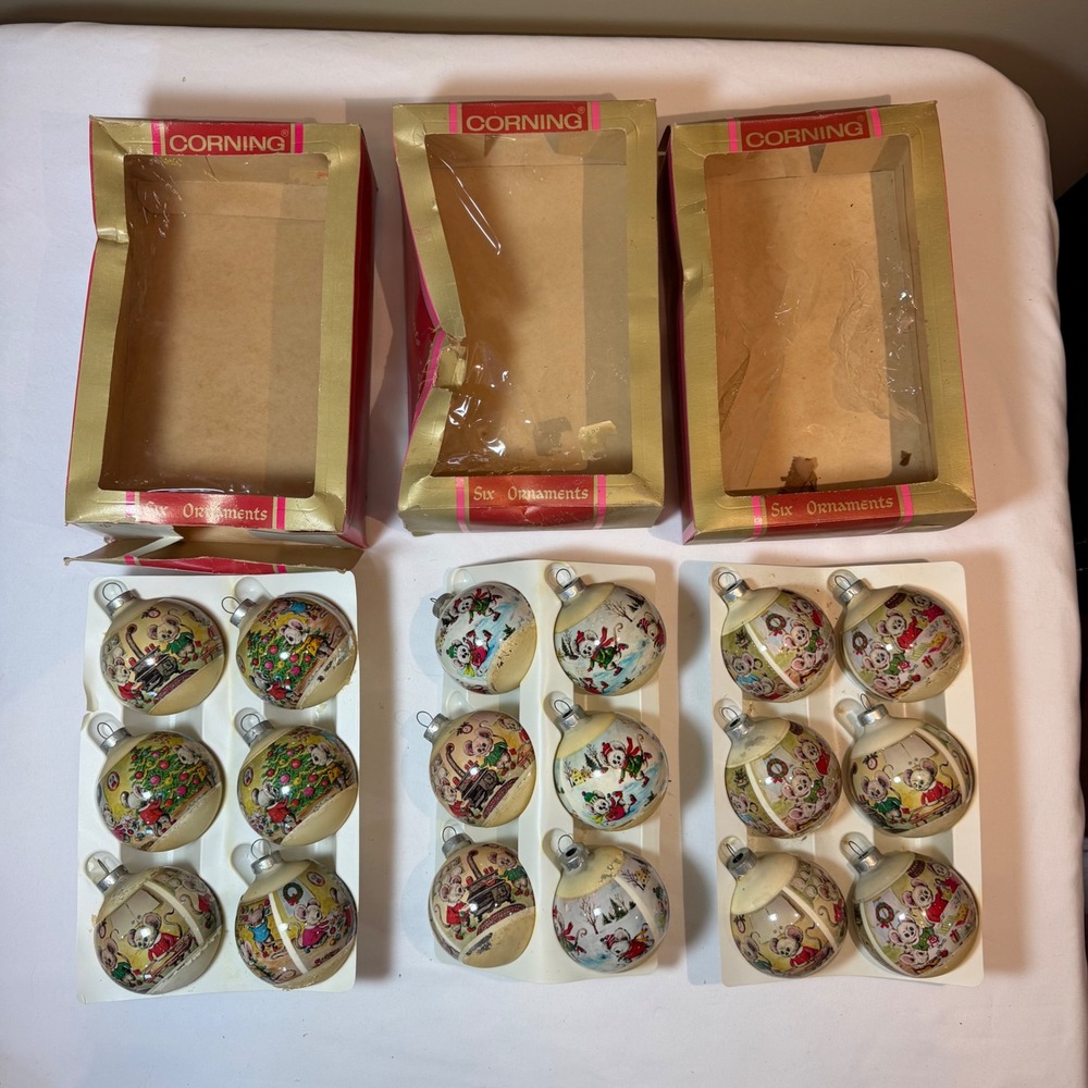 Vintage Corning Christmas Ornaments Glass Mice Holiday Scenes Set of 18 in Boxes